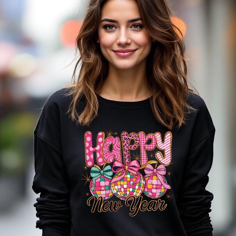 Happy New Year Pink Disco Sweatshirt White S M L XL New Checkers Polka dots - Picture 4 of 15